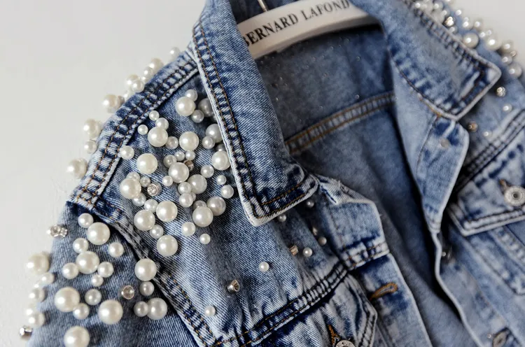 Fashion-2018 Spring Autumn Women Basic Coats Women Denim Jacket Pearls Beading Fashion Jeans Coat Loose Long Sleeve Jackets 898