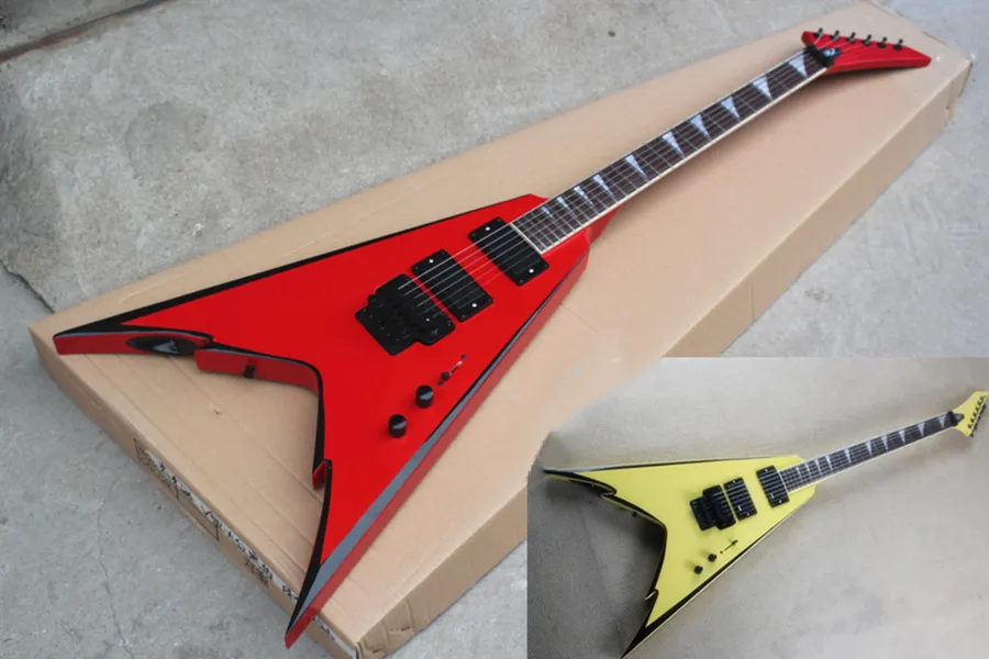 Forma especial Vermelho / amarelo guitarra elétrica com ponte tremolo, hardware preto, papel de pauinho, pode ser personalizado