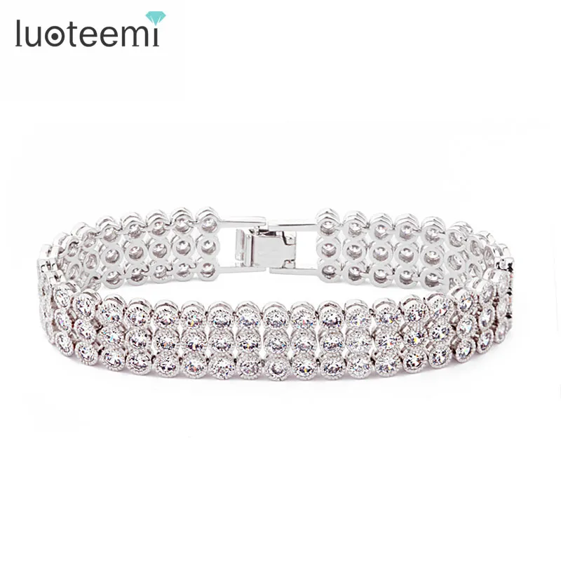 LUOTEEMI mode Bracelet de haute qualité rond zircon cubique large Bracelet pour femme trois rangées de CZ pierre larges bracelets