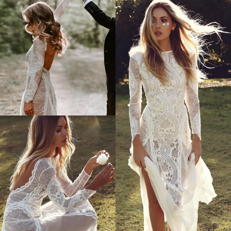 Abiti da sposa a sirena bohémien firmati con maniche lunghe Abito da sposa boho country country sexy senza schienale in pizzo Francia retrò Hippies economici