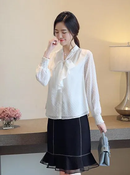 Elegant Chiffon Blouse - Womens V-Neck Bowknot Shirt, Spring
