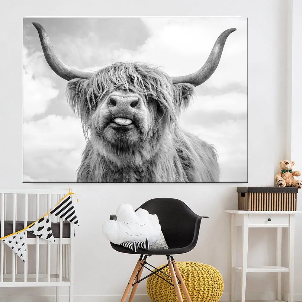 Schwarz Weiß Highland Cow Rinder Leinwand Kunst Nordische Gemälde Poster und Druck Skandinavische Wandbild für Wohnzimmer