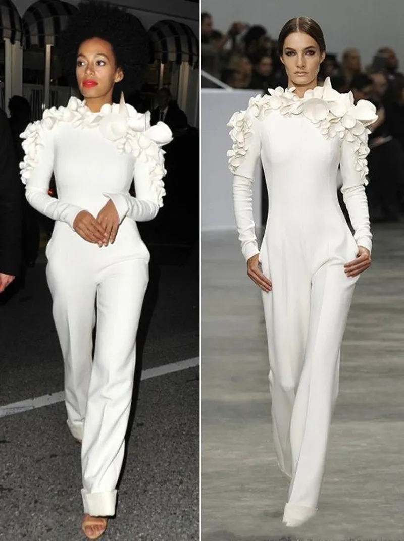 2020 nouvelle arrivée robes de célébrités jambe blanche combinaison manches longues col haut avec des fleurs soirée formelle robes de soirée sur mesure