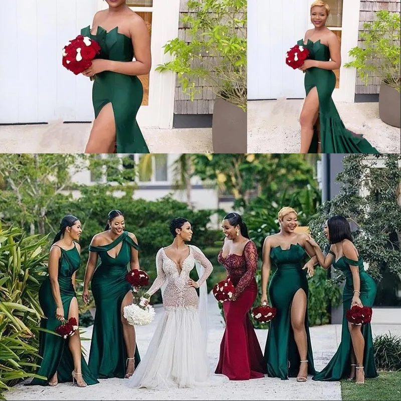 Hunter Verde Diferente Decote Sexy Sem Mangas Cetim Vestidos De Noite Ruched Lateral Alto Split Split Longo Vestido De Prom Sweep Strap Tensão Robe de Soiree