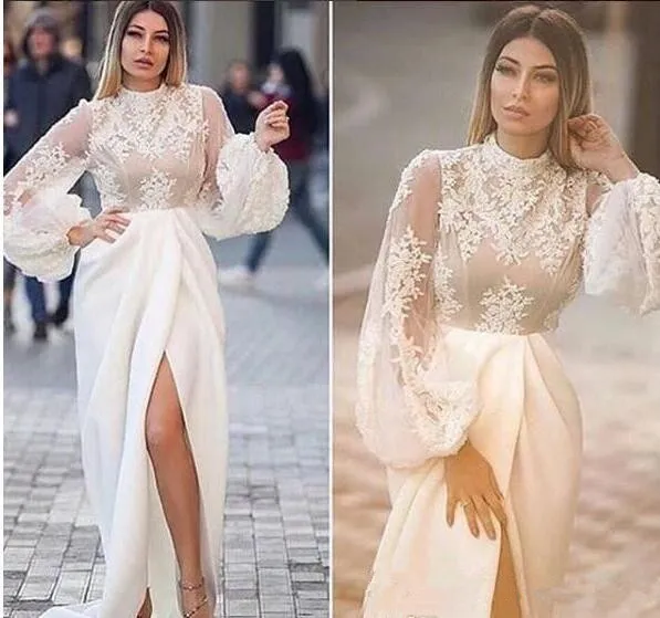 Nuovo vestito abiti da sera con collo alto applique in pizzo illusione maniche lunghe abiti da festa formali abiti da ballo da sera sexy con spacco laterale M95