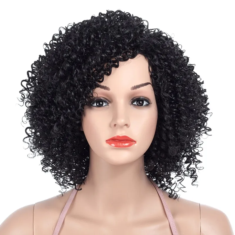 1B Noir Afro Bouclés Perruques pour Femmes Côté Partie Synthétique Cheveux Courts Perruque Complètement Résistant À La Chaleur Amérique Cheveux Naturels