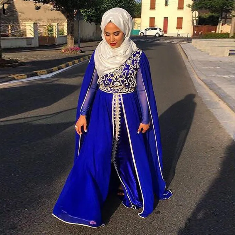 Koningsblauw moslim kanten appliques avondjurken lange mouwen fron spleet Saoedi-Arabische Marokkaanse kaftan avondjurken vestidos de fiesta de