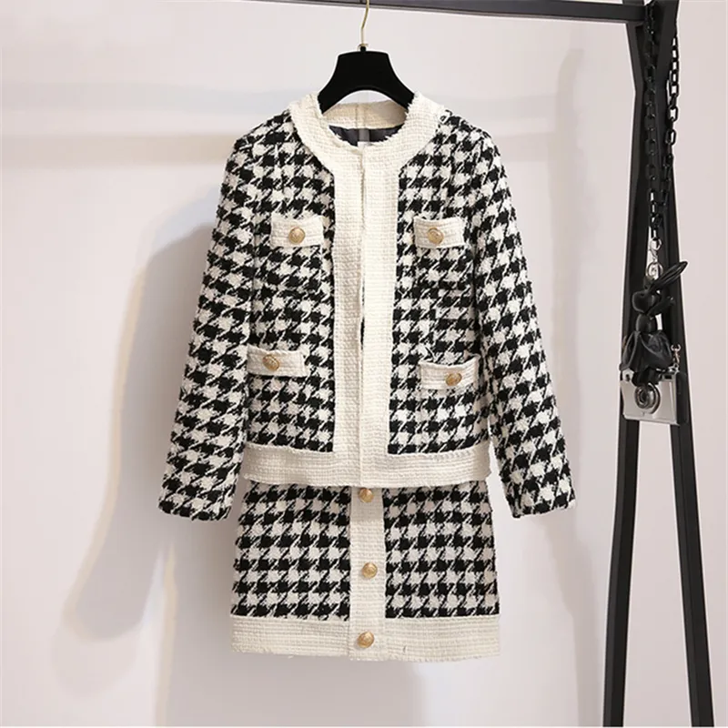 Sport 2019 Autumn Houndstooth Knitted Vintage dwie kobiety z długimi rękawami i spódniczkami eleganckie damskie koreańskie 2 -częściowe zestawy 2024 gorąca wyprzedaż