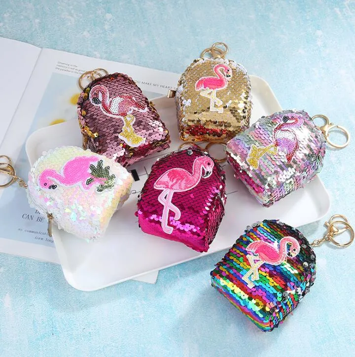 Flickor sjöjungfru sequin myntväska unforn flamingo glitter keychain pengar påse mini plånbok myntpåse dragkedja nyckelringar fest favor gga2843