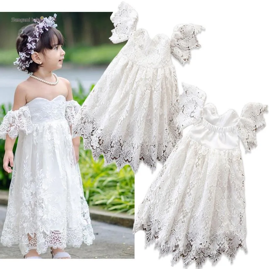 Ins het baby flicka klänningar en-axel ihålig spets blomma flicka bröllopsklänningar barn designer kläder tjejer ruffle blommig prinsessa prom klänning
