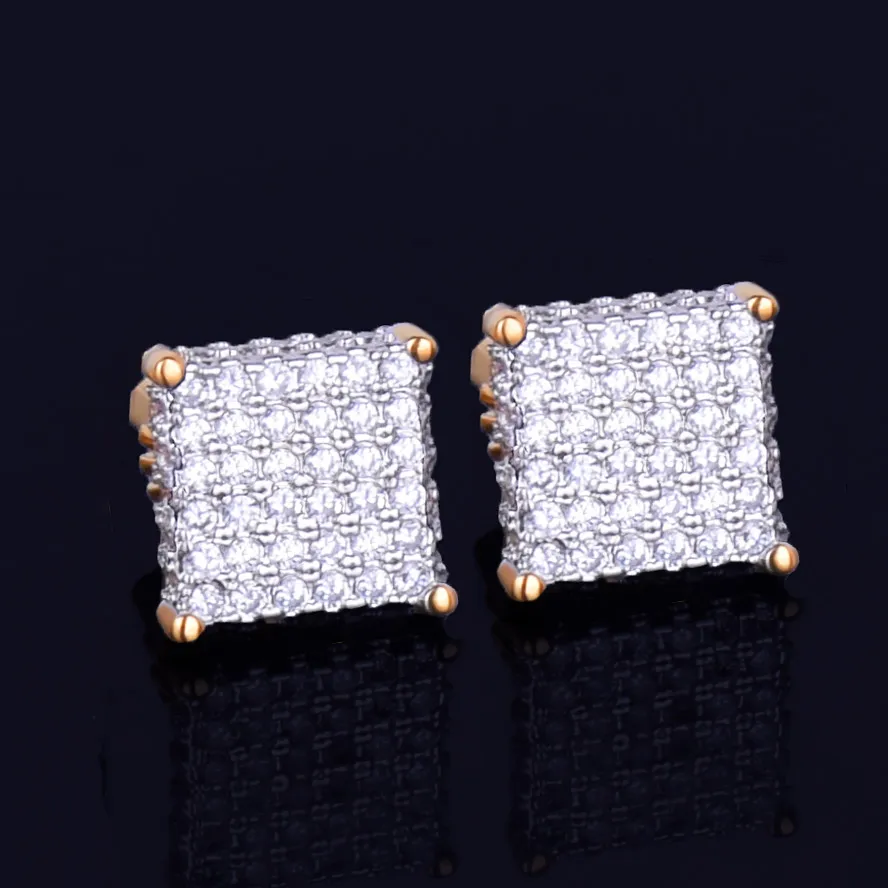 New 8mm Square Stud Earring for Men and Women's Charm Ice Out CZ Stone Rock Street 18k Gold Plated Silver Color