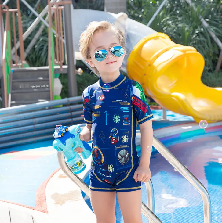 fashion Boys cartoon swimsuits anime printed one-piece swimming children spider short sleeve swimwear kid SPA beach bathing suit Y1352