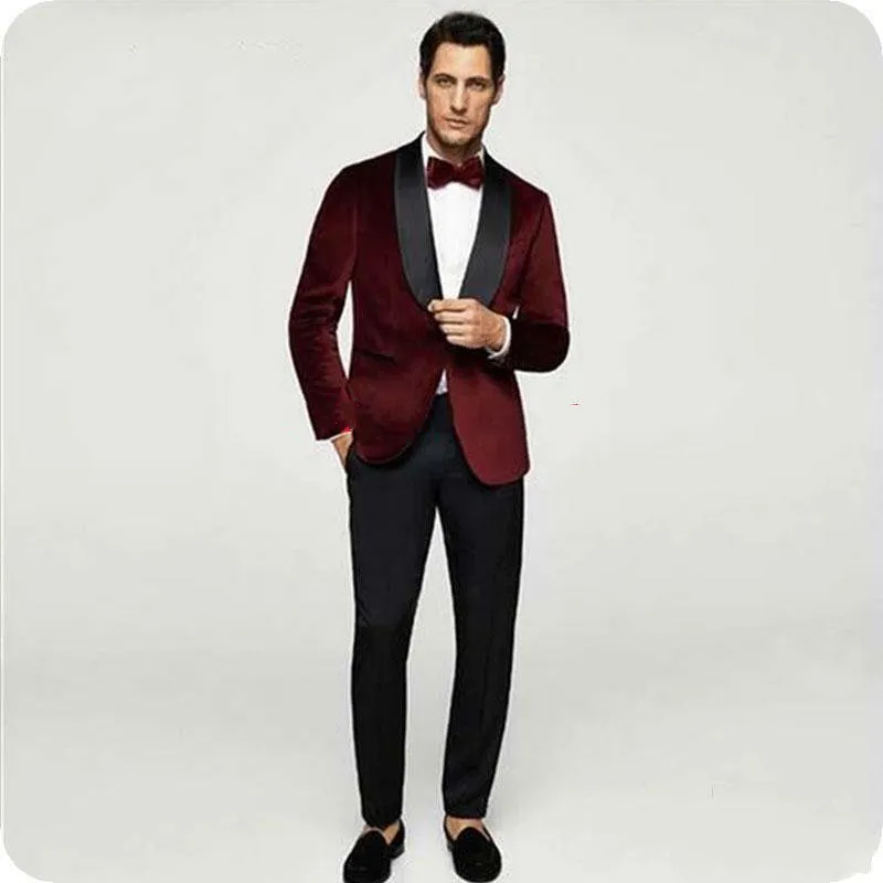 Najnowsze projektowanie jednego przycisku Wino Velvet Wedding Groom Tuxedos Szal Kapel Groomsmen Mężczyźni Garnitury Prom Blazer (Kurtka + Spodnie + Krawat) No: 2056