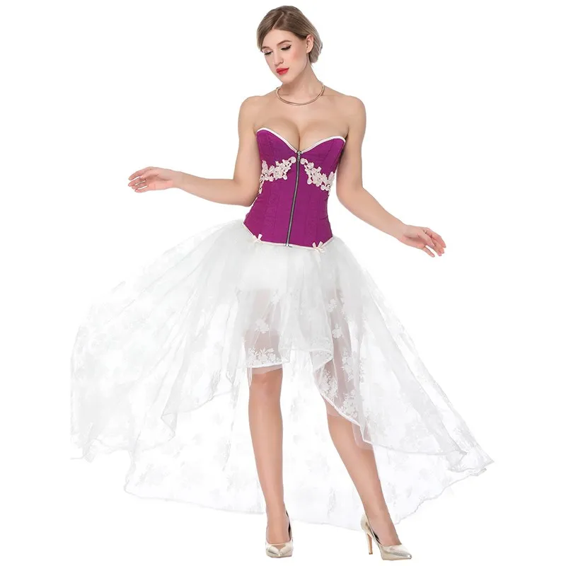 Women Halloween 2pcs Set Burlesque Dance Corset Dress with Appliques Lace Zip-up Overbust Corset Top And A Floral Lace_voghion.com