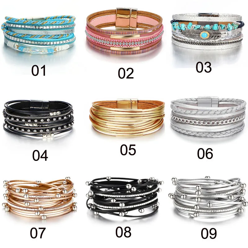 Nya guldläder Wrap Armband för kvinnor Röd Sliver Färg Flera lager Charm Armband Bangle Party Mens Mode Smycken