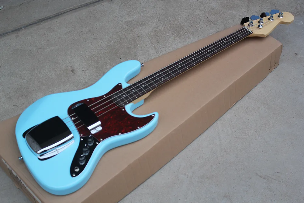 Factory Custom Sky Blue Electric Bass Guitar with Red Tortoise Shell Pickguard,Rosewood Fingerboard,Offer Customized