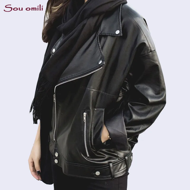 Vriendje losse lederen jas vrouwen oversized zwarte jas moto jaquetas couro casaco chaquetas chain punk