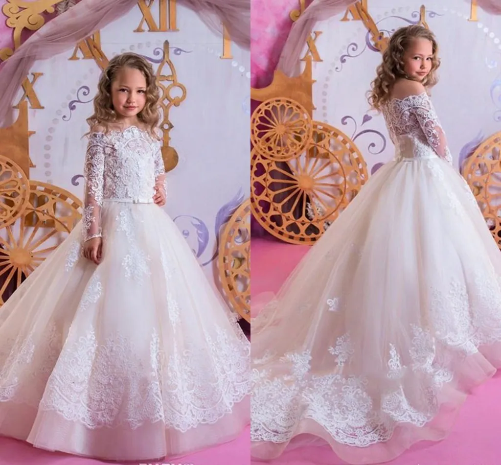 2021 Wedding Flower Girl Dresses Long Sleeve Floral Lace Sweep Train Little Girls Pageant Party Gown Kids First Communion Dress AL4603