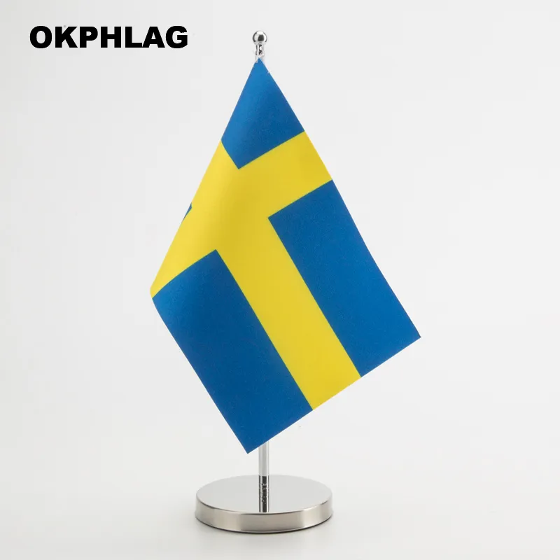 Sweden Table Flag with Silver Flagpole Base Country Desk Banners 14*21CM for Meeting