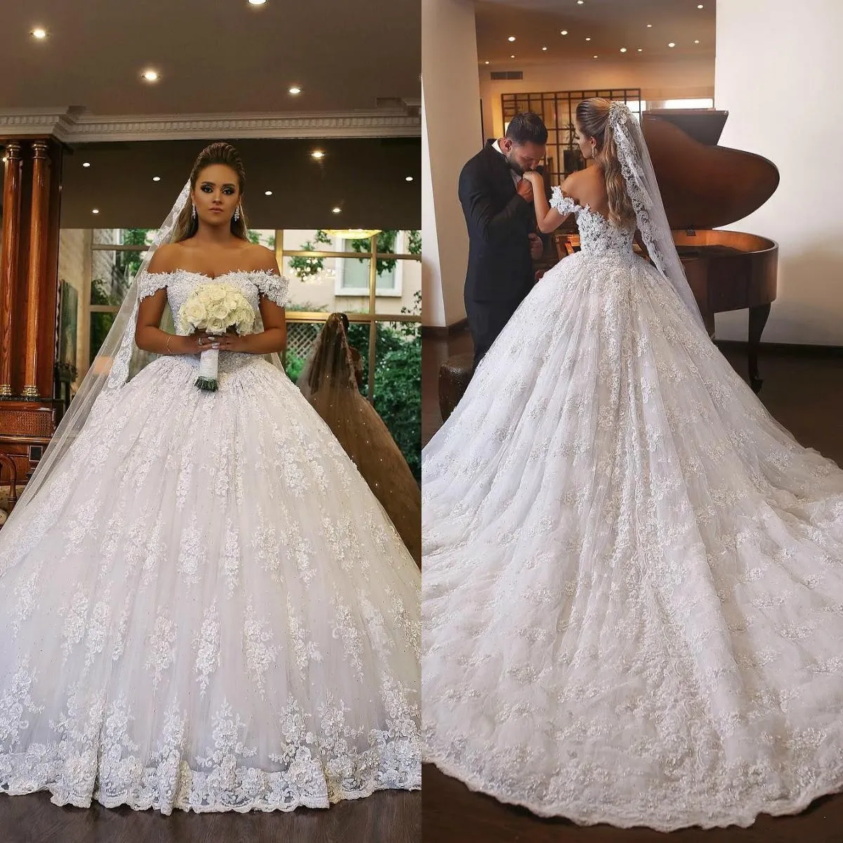 Plus la taille blanche princesse dentelle robe de bal robes de mariée robes de mariée 2019 robe de novia hors épaule balayage train robe de mariée bohème