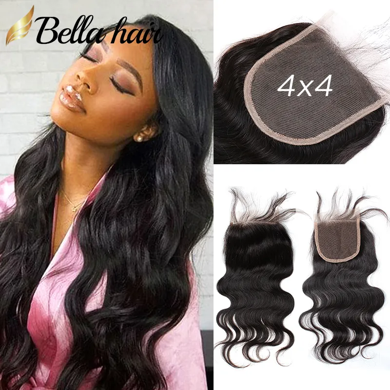 Indian Lace Closure Hair Extensions 8-24 Natural Color 4x4 Human Hair Top Closures Body Wave Wavy Bellahair 8A