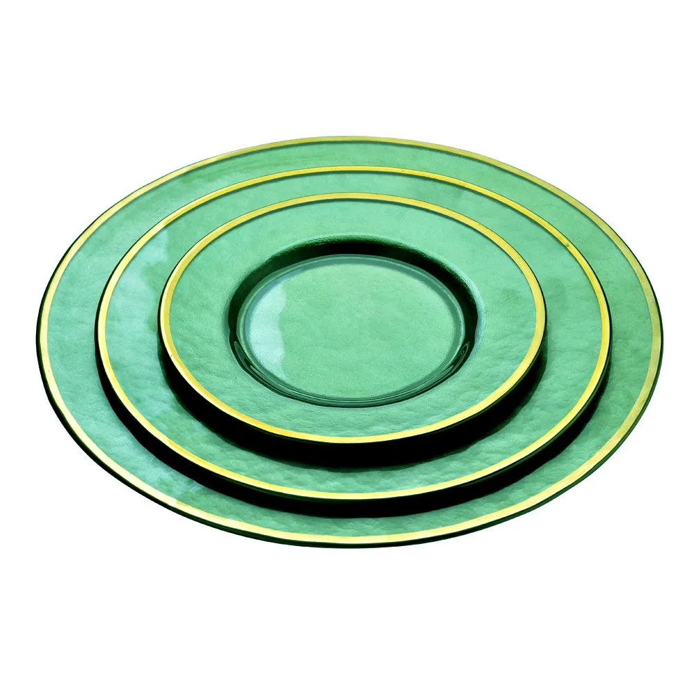 Gold Rim Green Glass Charger Plates Dishes Creative Cold Grain Modeled Glassware Dining Table Decor Wedding Supplies HotPink Blue Black