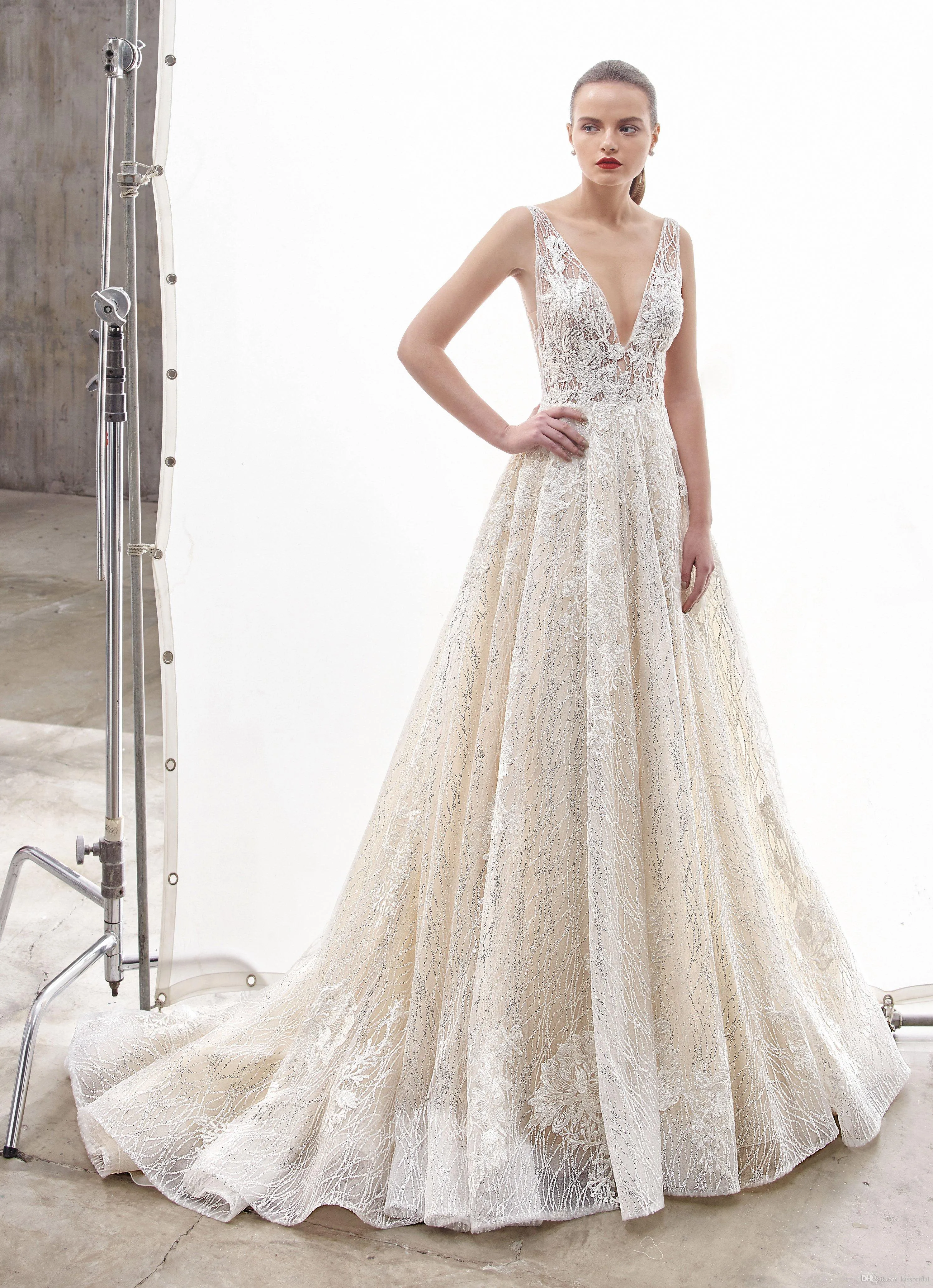Crystal Rhinestone line a wedding dress with Deep V-Neckline, Open Back, and Beaded Lace - Perfect for Formal Occasions