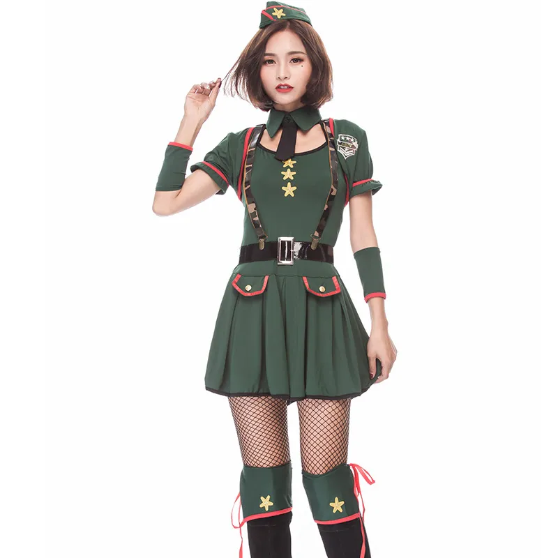 Green Women Military Special Agent Costume Sexy Police Uniform Halloween Cosplay Instructor Suit Anime Army Officer Mini Dress