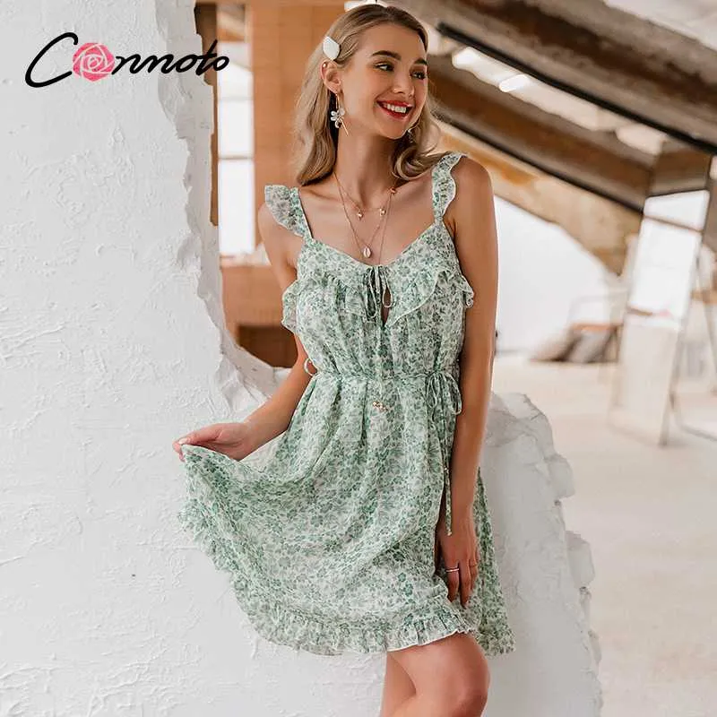 Conmoto Chiffon Ruffles 짧은 드레스 여성 섹시한 해변 Boho 캐주얼 여름 드레스 Femme Robe 스파게티 스트랩 짧은 드레스 Vestido