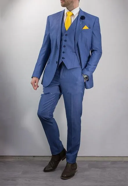 New Classic Style Zwei Knöpfe Blau Hochzeit Bräutigam Smoking Kerbe Revers Groomsmen Männer Anzüge Prom Blazer (Jacke + Pants + Weste + Tie)