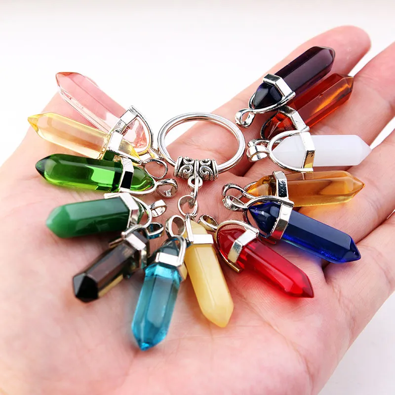 Natural Stone Hexagonal Prism Keychain With Bullet Crystal Charms Fashionable Tiny Key Ring