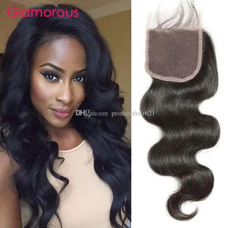 Glamorös Virgin Remy Human Hair Lace Closure Malaysian Piece Body Wave Peruvian Indian Brazilian Human Hair Lace Stängningar för Kvinnor