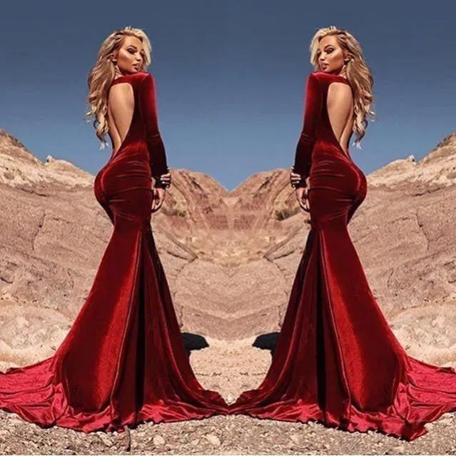 Seksowne Burgundia Mermaid Prom Dresses Velvet Open Back Długie Rękawy Formalne Party Prom Suknie Specjalne okazje Suknie wieczorowe Custom Vestios