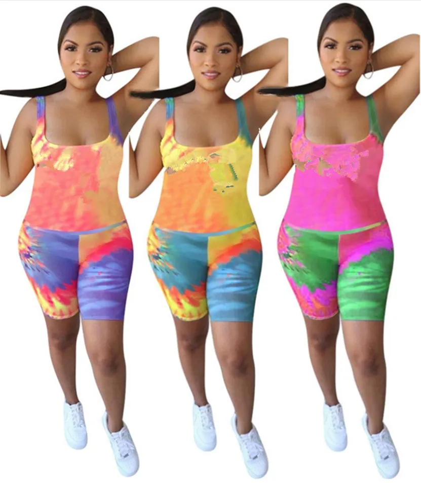 Plus storlek 3xl Summer Women Tie-Dye Two Piece Set Sleeveless Tank Top Vest Shorts Trendy Outfits Jogger Suit Casual Letter Sportswear 3309