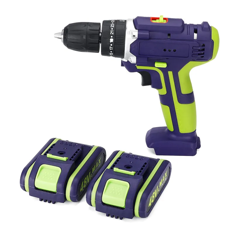 2 i 1 Cordless Drill 48V Dubbelhastighet Strömborrmaskiner Elektrisk skruvmejsel LED-belysning 1 / 2PCS Stor kapacitetsbatteri