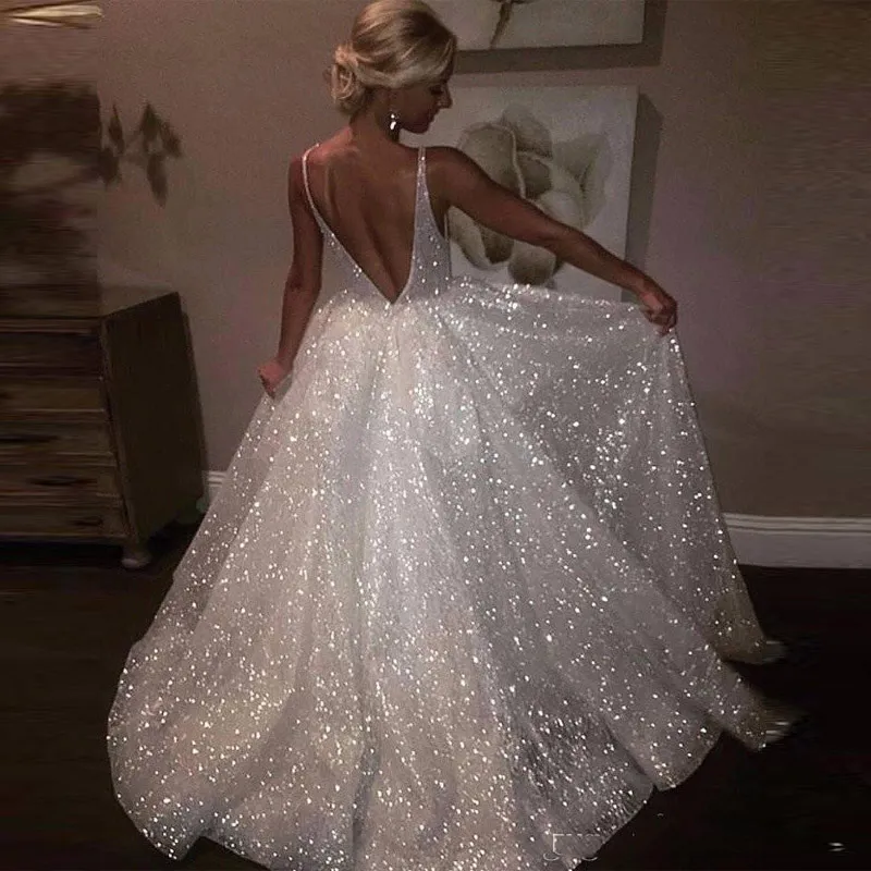 2019 Groothandel Wit Sparkle Sequin Avondjurken Diepe V-hals Sexy Lage Back Lange Prom Dress Goedkope Pageant Jurken Speciale gelegenheidskleding