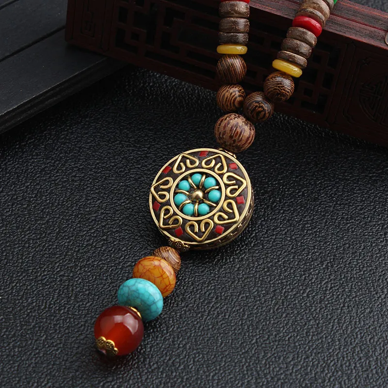 SEDmart Retro Ethnic Wood Lotus Buddha Statue Pendant Necklaces for Women Nepalese Mantra Wooden/Glass Beads Sweater Chain Gifts