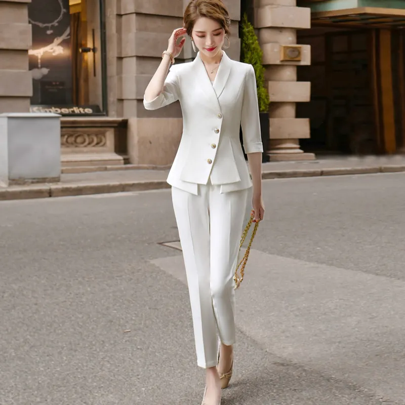Haute qualité décontracté femmes costume pantalon deux pièces ensemble 2020 nouvel été élégant dames blanc blazer veste tenue d'affaires