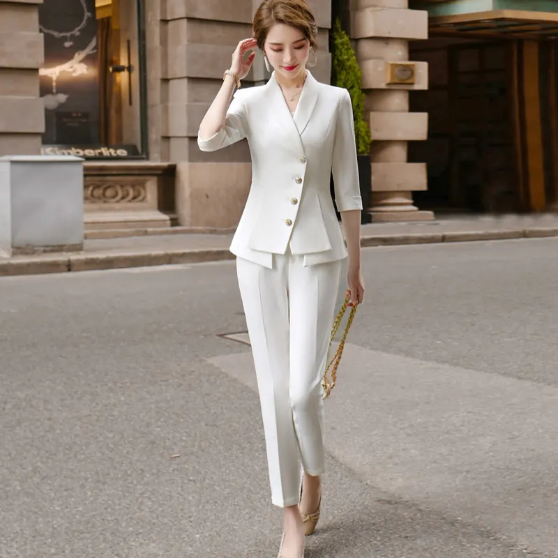 Högkvalitativa Casual Kvinnors Suitbyxor Två Piece Set 2020 Ny Sommar Elegant Ladies White Blazer Jacket Business Toare