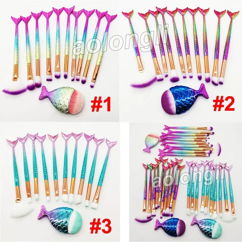 Nya sminkborstar Kit 11 sts Mermaid Brush Set Face and Eyeshadow Pulver Foundation Borstar Ögonbryn Eyeliner Brush Makeup Tools Kit