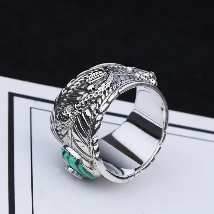 S925 Silver Double Snake Turquoise Ring Vintage Sterling Zilveren Malachite Snake Ring Mannen en Vrouwen Thaise Zilveren Malachite Tijger Hoofdring