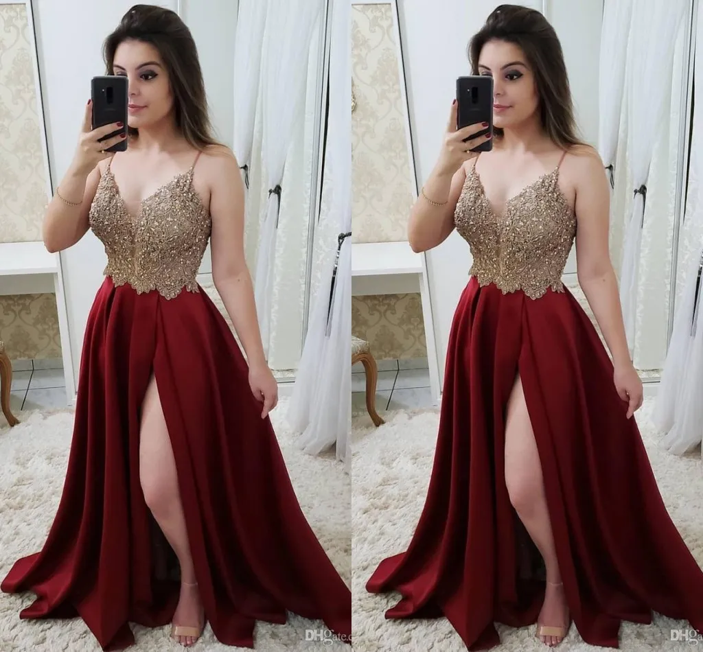 Bourgogne Vit Röd Sexig Prom Klänningar Lång Plus Storlek Beaded Appliques Lace Spaghetti Straps High Side Split Formal Evening Party Gowns Robe