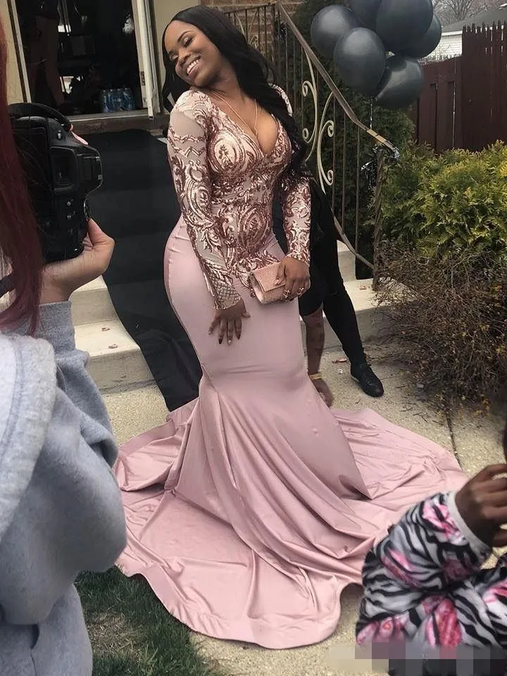 2019 Rose Gold V Neck Vestidos de Prom mangas compridas Mermaid Swew Train Plus Tamanho Formal Vestidos de festa noturno feito sob encomenda