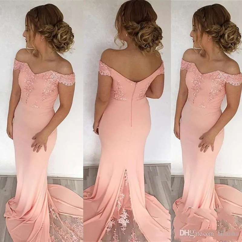 Sexy Peach Mermaid Vestidos Off ombro Partido cetim vestido de renda Abrir Voltar Varrer Train Partido Dresses Prom Vestidos vestido de novia