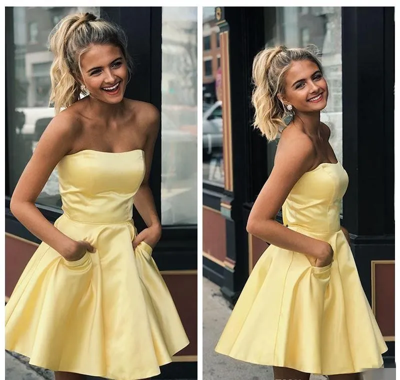 Homecoming -jurken gele schattig satijnen strapless een lijn op maat gemaakte plus size ruches korte mini boven knie lengte staartjurken bove