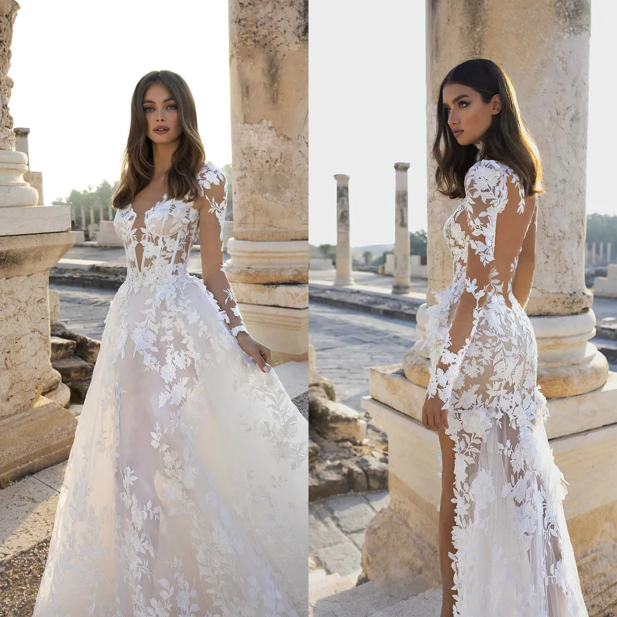 2020 Split Dreamy sirène robes de mariée 3D Floral Appliques manches longues avec robe de mariée Tarin détachable balayage train robes de Novia