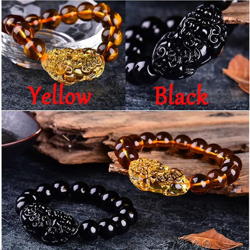 Lucky Feng Shui Brave Charms Black / Yellow Glass Pixiu Natursten Beads Armband för kvinnor / män Unisex