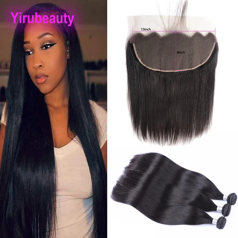 Brazilian Virgin Hair 10-30 tum 3 buntar med 13X6 spets frontal med baby hårförlängningar grossist rakt hår med 13 x 6 spets frontal