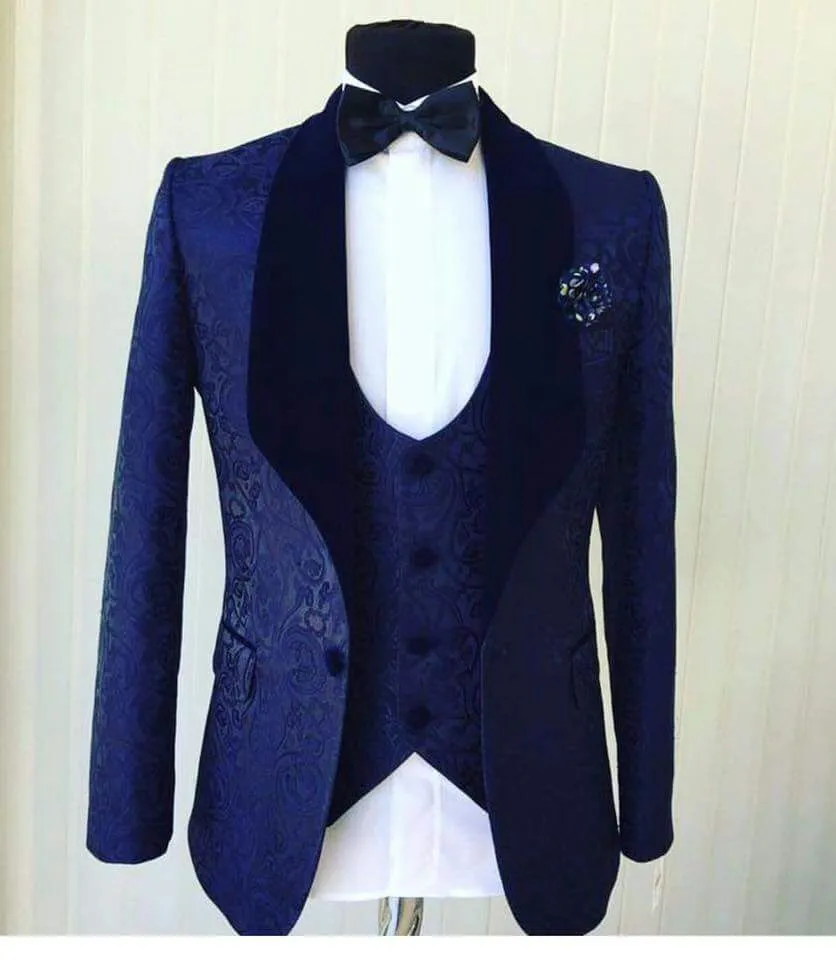 Blue Jacquard Groom Tuxedos Velvet Szal Lapel Mężczyzna Ślub Tuxedos 19 Styl Man Kurtka Blazer 3 Piece Suit (Kurtka + Spodnie + Kamizelka + Krawat) 1287