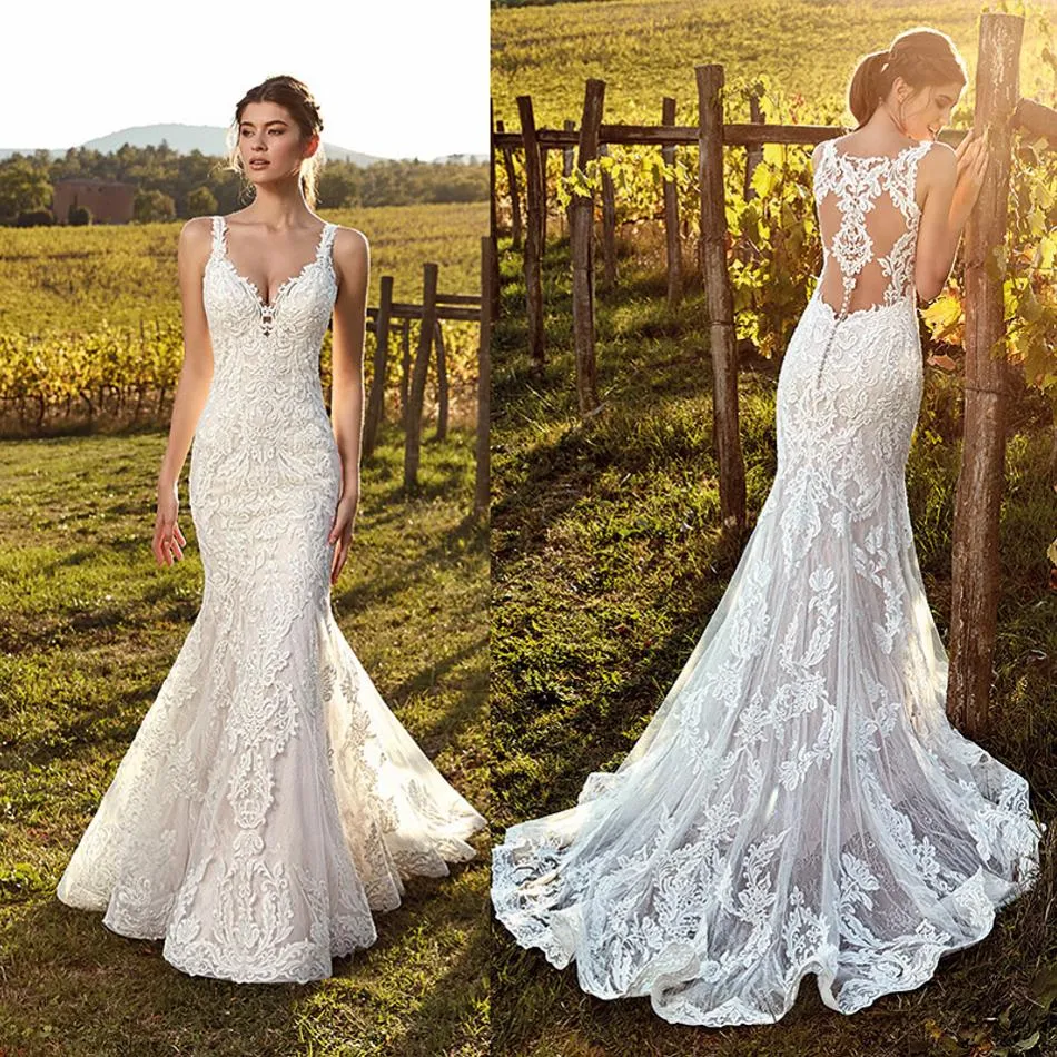 Eddy K 2019 웨딩 드레스 섹시한 스파게티 스트랩 레이스 Appliques Garden Bridal Gowns 스윕 기차 인어 웨딩 드레스 Roves de Mariée